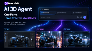 Neural4D AI 3D Agent banner showing 3D, Image, and Video generation of a futuristic motorcycle