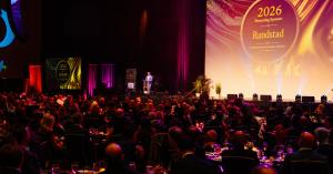 Matt Rocco speaks from the stage to a full ballroom during SFMA’s 47th Recognition of Excellence Awards