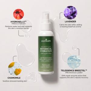 Botanical Hydration spray surrounded by hibiscus, lavender, chamomile, and Telessence Breeztel™ ingredient highlights.