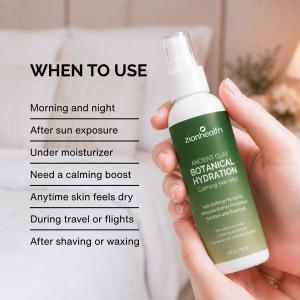 Hand holding Botanical Hydration spray beside a list of recommended uses for dry or stressed-looking skin.