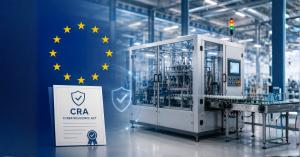 Industrial machine in a manufacturing facility with EU stars and a Cyber Resilience Act certificate graphic, representing CRA readiness for connected machinery.