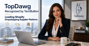 Professional brunette woman in a luxury high-rise office with TopDawg branding, representing TopDawg’s recognition by TechBullion for Shopify dropshipping, verified U.S. suppliers, 2–5 day U.S. shipping, and automated fulfillment.