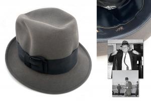 John F. Kennedy’s personally owned gray felt Henry the Hatter fedora hat, custom-made in Detroit and retaining its original black grosgrain ribbon. Estimate: $12,000-$15,000