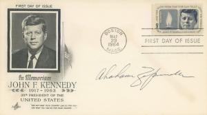 Abraham Zapruder autographed First Day Cover honoring John F. Kennedy, issued May 29, 1964, on the official US Postal Service memorial stamp commemorating the late president. Estimate: $2,500-$3,000
