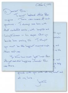 Jacqueline Kennedy Onassis’s heartfelt two-page autograph letter (signed “Jackie”) to Barbara Smith, the widow of Benjamin A. Smith II, written and dated October 6, 1991. Estimate: $1,250-$1,500