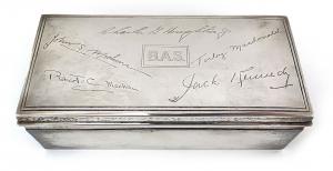 Custom engraved sterling silver cigarette box presented by John F. Kennedy to Benjamin A. Smith II as a wedding gift from JFK and the four fellow ushers in Smith’s wedding. Estimate: $2,000-$3,000
