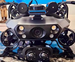 Front view of the CHASING X industrial ROV equipped with underwater cameras, lights and inspection sensors.