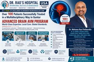 Dr. Rao explaining multidisciplinary treatment for brain arteriovenous malformations (AVMs) at Dr. Rao's Hospital using microsurgery, endovascular embolization, and stereotactic radiosurgery with over 100 AVM patients treated in Guntur.