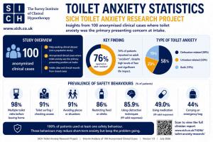 Infographic summarising findings from the SICH Toilet Anxiety Research Project, based on 100 anonymised clinical cases. It highlights that clients had lived with toilet anxiety for an average of 16 years, 76% had never had an adult accident, and all 100 u