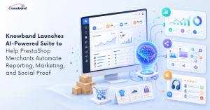 Promotional image showcasing Knowband's AI-powered PrestaShop solutions for reporting, social media automation, and product review generation.