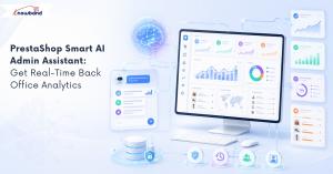 Dashboard screenshot of the PrestaShop Smart AI Admin Assistant showing real-time back office analytics and AI-powered store insights.
