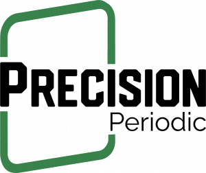 Precision Periodic logo: green rounded-corner bracket outline around bold black 'PRECISION' text, with 'Periodic' in smaller black script below.