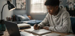 Teen boy sitting at a desk studying alone, representing the often-hidden signs of depression, anxiety, and emotional withdrawal in adolescent boys.