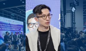 Director James L.J. Hung speaking on stage at the "Exploring Hong Kong Cinema Development and Talent Cultivation in the AI Era" panel during the 30th FILMART in Hong Kong on 20 March 2026, discussing AI-assisted filmmaking of Hong Kong.