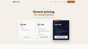 Portreya pricing page showing one-time Starter, Essential, and Signature packs with no subscription.