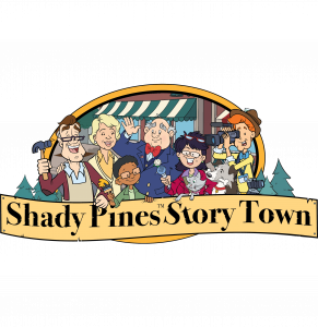 Logo of website - Shady Pines Story Town - Character Driven Stories to Inspire Kids to be Kind