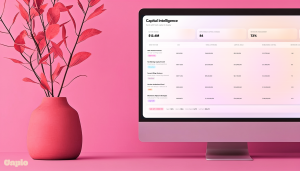 Capio Capital Intelligence dashboard displayed on a desktop monitor alongside a minimalist vase with pink foliage, representing a modern private capital operations platform for fundraising, investor relations, governance, diligence, and reporting.