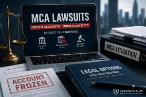 Professional illustration showing a Merchant Cash Advance (MCA) lawsuit, frozen business bank account notification, legal documents, scales of justice, and business litigation materials representing commercial collections, bank levies, default judgments,