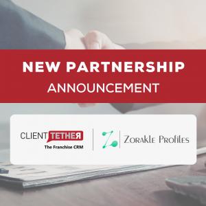 ClientTether and Zorakle Profiles new partnership announcement graphic featuring both logos over a handshake background