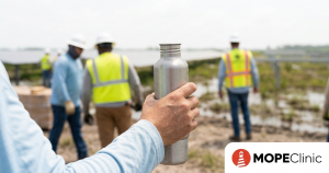 A close-up of a hand holding a chilled stainless steel water bottle at an outdoor construction site, with workers in safety vests and hard hats blurred in the background. In the bottom right corner is the red lighthouse logo for MOPE Clinic.