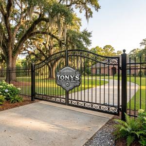 Ornamental iron gate with Tony’s Fencing & Iron Works logo in front of a Louisiana home.
