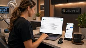OraCore Scribe Solo provider reviewing dental AI documentation on laptop and phone