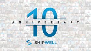 Shipwell 10-year Anniversary logo with screenshot of team members in virtual meeting behind it.