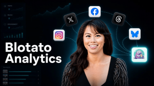 Blotato Analytics hero graphic showing social platform icons flowing into the Blotato mascot beside a views, reach, and engagement panel.