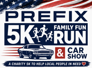 The 3rd Annual PREFIX Charity 5K & Car Show logo with a silhouette of runners and a vintage muscle car