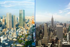 An image of The Tokyo Skyline comparing alongside a New York Skyline