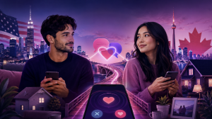 A man and woman holding smartphones look toward each other against a stylized U.S. and Canadian skyline, with glowing dating app icons and a heart symbol between them.