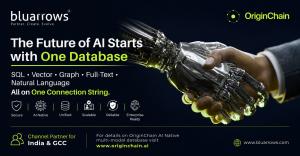 Promotional graphic announcing the strategic partnership between OriginChain and bluarrows. The image features a human hand shaking a robotic hand, symbolizing collaboration between people and artificial intelligence. The headline reads "The Future of AI