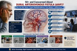 Medical infographic explaining dural arteriovenous fistula (dAVF) in adults over 50, illustrating abnormal artery-vein connections in the brain, common symptoms including pulsatile tinnitus, headache, seizures, and vision changes, and multidisciplinary tr