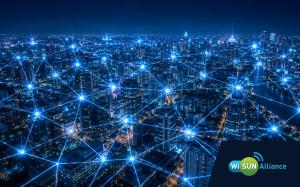Nighttime smart city skyline overlaid with connected network nodes and the Wi-SUN Alliance logo.