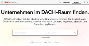 Screenshot of FIRMEN.directory showing the DACH business directory interface with company search and category navigation.