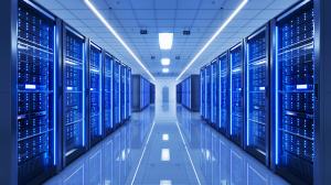 corridor in large room with floor to ceiling data cabinets both sides