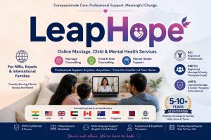 LeapHope online counselling platform offering marriage counselling, child therapy, family counselling, and mental health support by RCI Registered Psychologists, RMFTIs, and LMFTs for Indian families, NRIs, expats, and international clients.