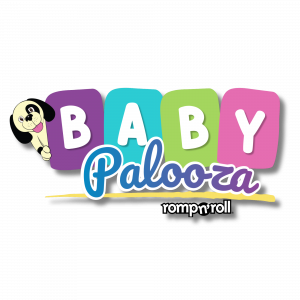 Romp n' Roll Babypalooza logo with colorful alphabet blocks spelling BABY and a cartoon puppy mascot named Rompy