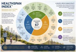 Healthspan Index infographic showing how People, Planet, and Systems indicators combine to measure human vitality and guide healthier, more resilient city and community design.