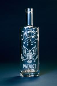 Clear glass Patriot Spirit Vodka bottle hand-engraved with an illustration of the 1776 signing of the Declaration of Independence, part of the American Milestones Collection.