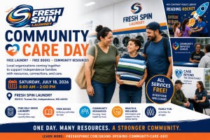 Promotional graphic for Fresh Spin Laundry's Community Care Day featuring free self-service laundry, free books, community resources, and local nonprofit partners.
