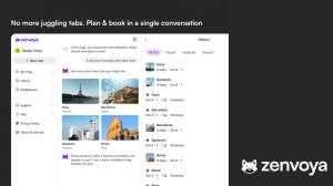 Graphic showcasing Zenvoya's conversational AI travel platform interface with the text 'No more juggling tabs. Plan & book in a single conversation.'
