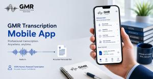 GMR Transcription mobile app launch graphic showing a professional holding a smartphone with options to record audio, upload files, track orders, and view completed transcripts.