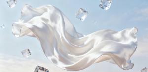 Pearl-white pure mulberry silk floating with crystal accents in soft natural light