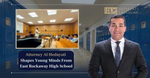 Lawyer Al Hedayati, presentation scene with students, & press release title, ‘Attorney Al Hedayati Shapes Young Minds from East Rockaway High School’.