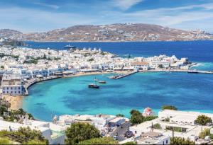 This is an image of a harbor in Greece.