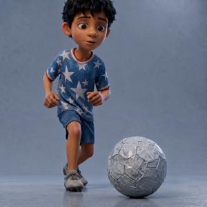 3D animated illustration of a young boy with dark wavy hair in a blue star-patterned shirt, leaning over to play with a soccer ball made of crumpled paper on a grey studio floor.