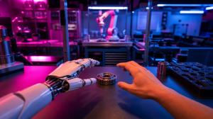 Human and robotic hands reaching toward shared object in industrial environment, representing physical AI training data collection for robotics and world models.