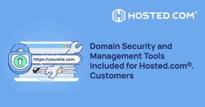 Hosted.com® highlights tools for domain registration, management, and security.