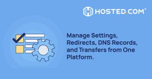 The platform includes redirects, transfer options, DNS records, and setting management.